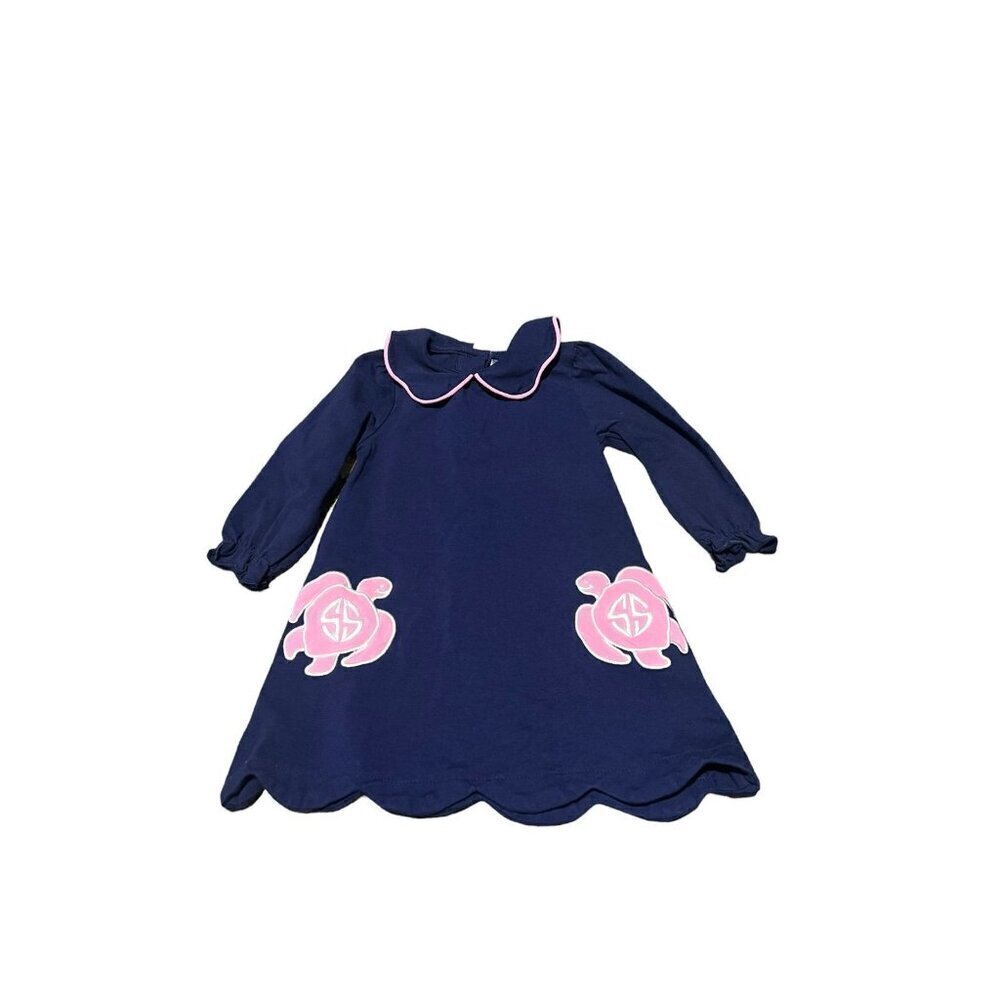 Toddler Girls Simply Southern Embroidered  Navy Dress with Pink Turtles 12-18 m